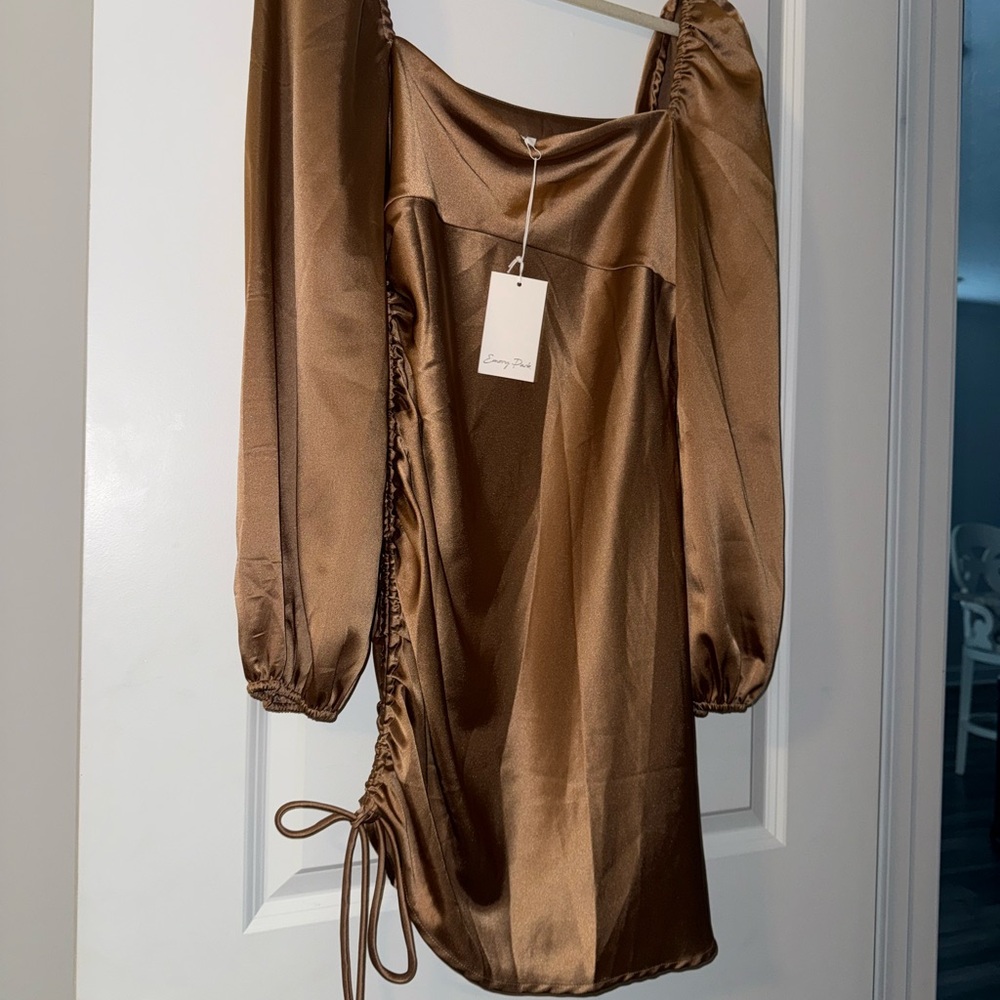 Brown Satin Long Sleeve Dress